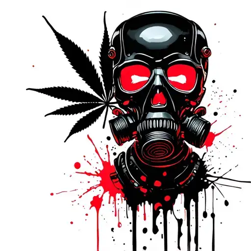 composition A black robot skull with a gas mask,in the background a marijuana leaf tattoo design idea