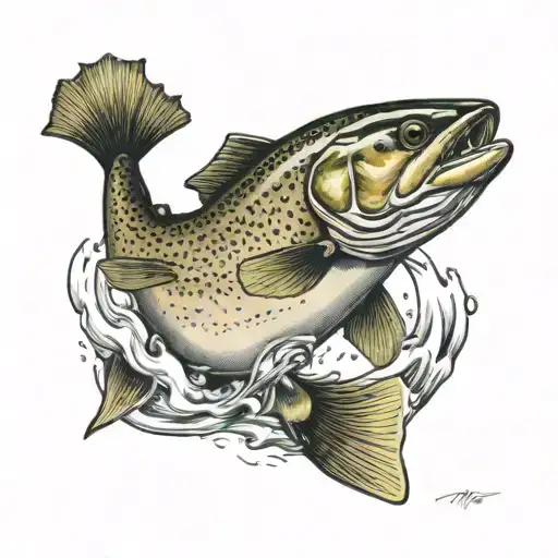 trout jumping with fly fishing lure in its mouth tattoo design idea
