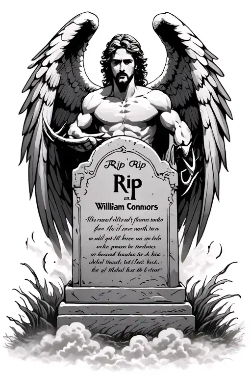 "Rip William Connors aka vandal" "Rip William Connors aka vandal" arch angel Michael nealing behind tombstone with wings spread out with claws dug into the tombstone cloud and fog  tattoo design idea