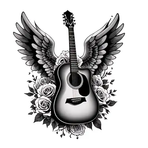 acoustic guitar with roses and angel wings tattoo design idea