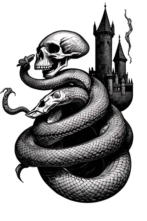 Harry Potter death eater mark snake from top of hand rapping around to forarm with skull and castle at the end  tattoo design idea