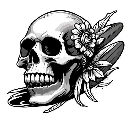 Mexican skull and surfboard tattoo design idea