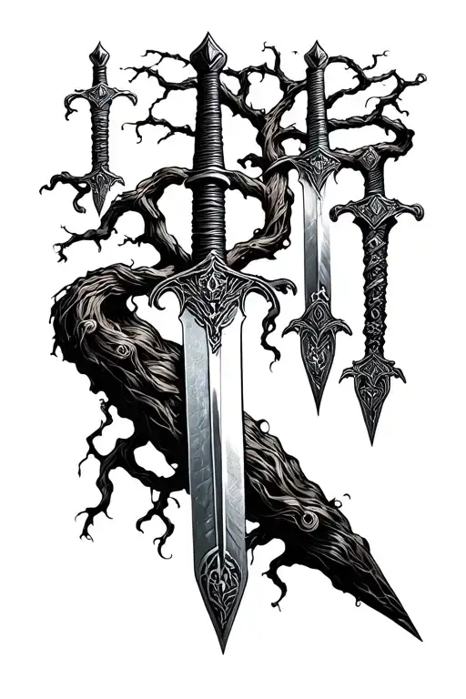 thin swords wrapped in thin vines hanging tattoo design idea