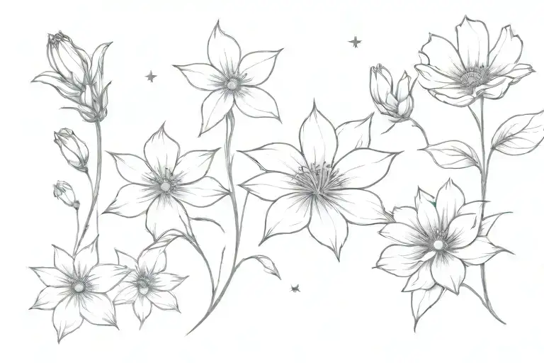 2 stars and a shooting star and couronné de chrisanthemum, cosmos, morning glory flowers en horizontal  tattoo design idea