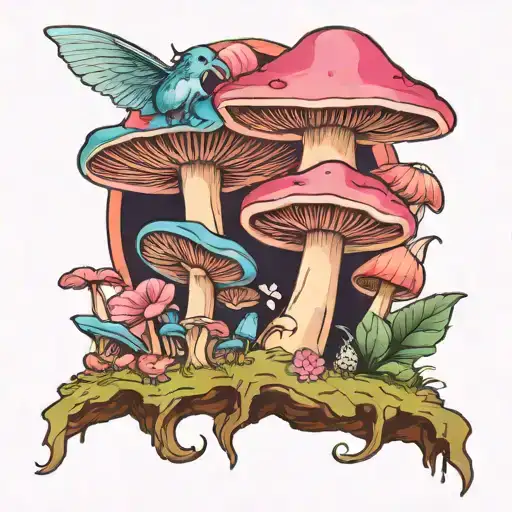 blue and pink mushrooms with 2 fairies flying tattoo design idea
