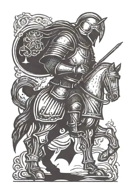 A minimalist tattoo design of a medieval knight standing with his back turned, looking over his shoulder at his shadow.  tattoo design idea