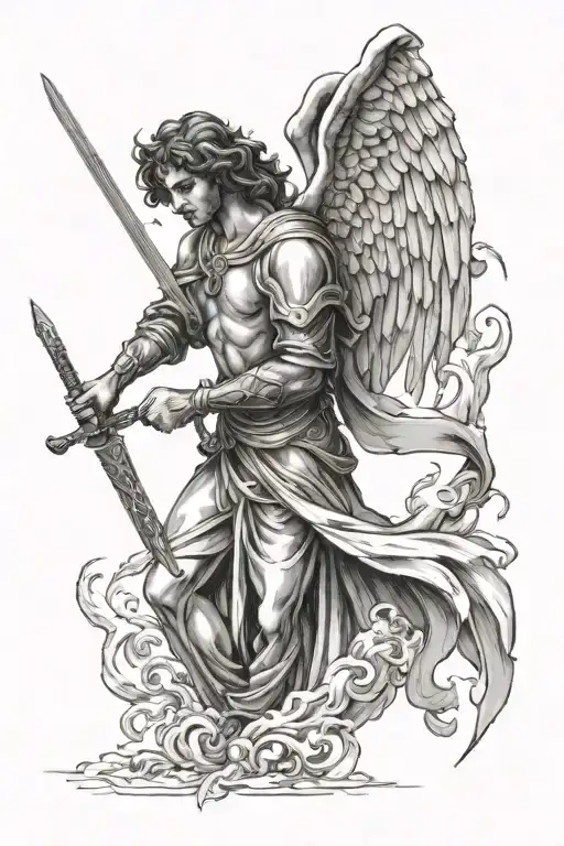 angel, hermetic, knowledge, man holding sword tattoo design idea