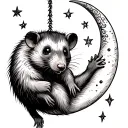 possum hanging upside down with crescent moon surrounded by stars tattoo design idea