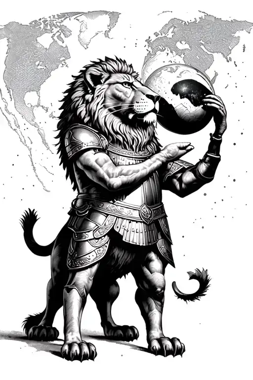 a lion wearing an roman armor holding the world in his hands  tattoo design idea