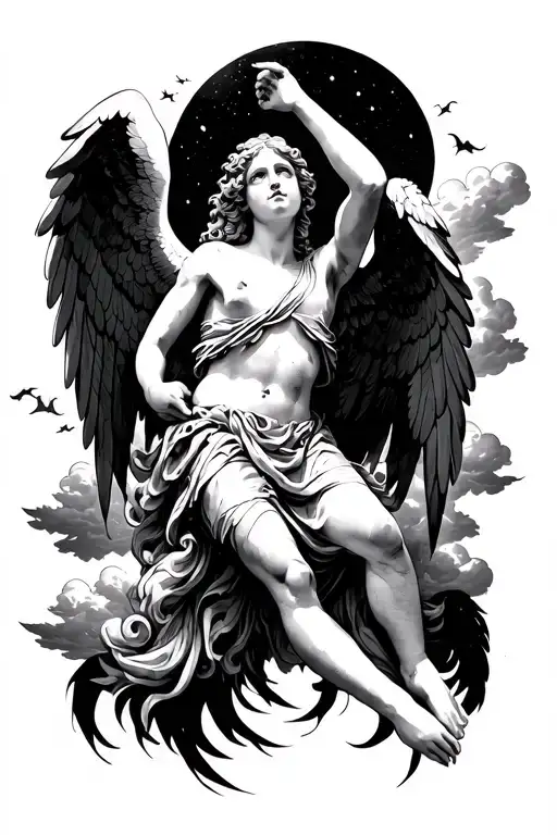 fallen angel from the sky small clouds surrounding tattoo design idea