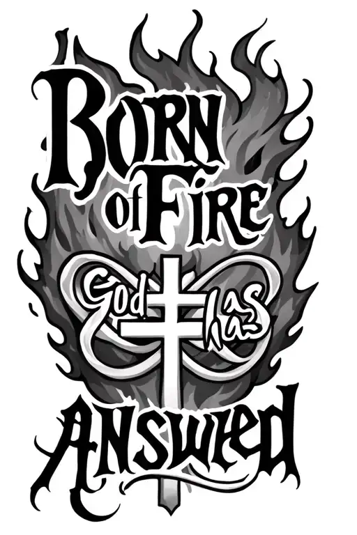 "Born of Fire God has answered" fire and cross intertwined infinity symbols tattoo design idea