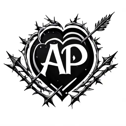 minimal yet feminine aesthetic tattoo design with thorns, arrow, a heart and the initials AP tattoo design idea