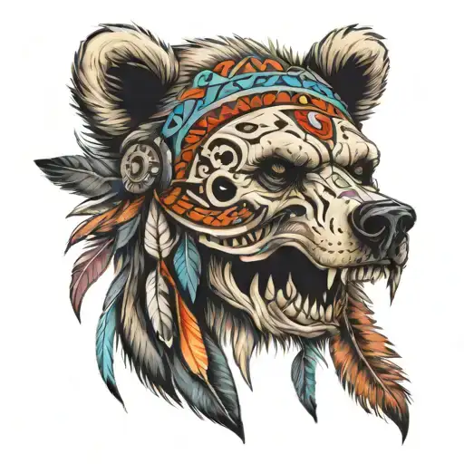 bear head native American skull tattoo design idea