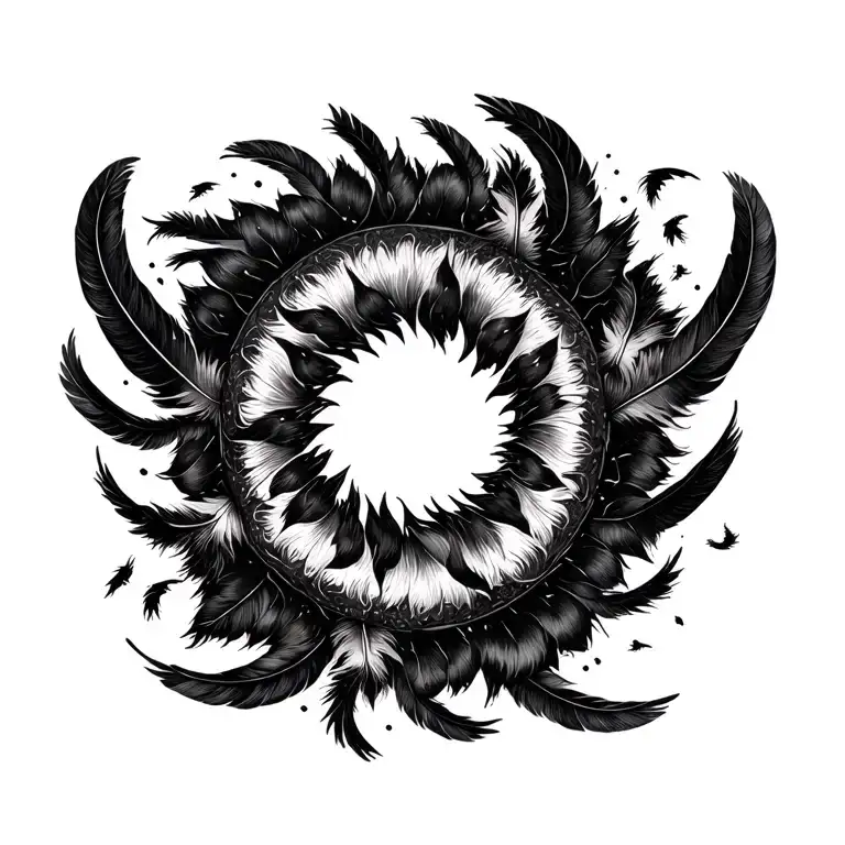 Circular spell circle surrounding black feathers flying arround tattoo design idea
