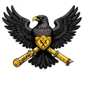 black eagle with wings spread with fully golden can in first leg and  golden stick in the second pal on dark background tattoo design idea