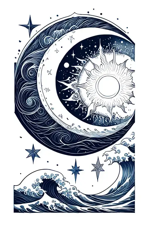 Can you draw a linework tattoo of Sun, moon, wave and stars? But colorless and only in vertical form with thin lines tattoo design idea