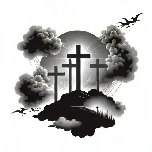 3 crosses on hill surrounded by clouds and light beams tattoo design idea