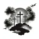 3 crosses on hill surrounded by clouds and light beams tattoo design idea