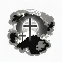 3 crosses on hill surrounded by clouds and light beams tattoo design idea