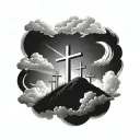 3 crosses on hill surrounded by clouds and light beams tattoo design idea