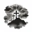 3 crosses on hill surrounded by clouds and light beams tattoo design idea