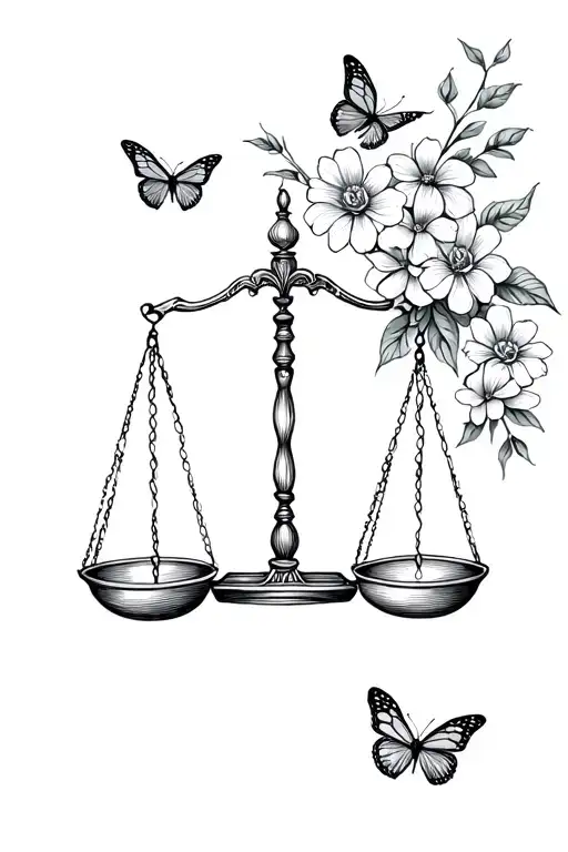 Libra zodiac sign with justice scale cute and elegant with flowers and butterflies tattoo design idea
