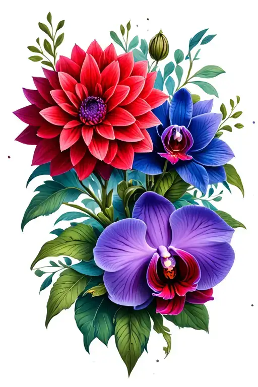 red, blue, purple dahlia and orchid forearm tattoo  tattoo design idea
