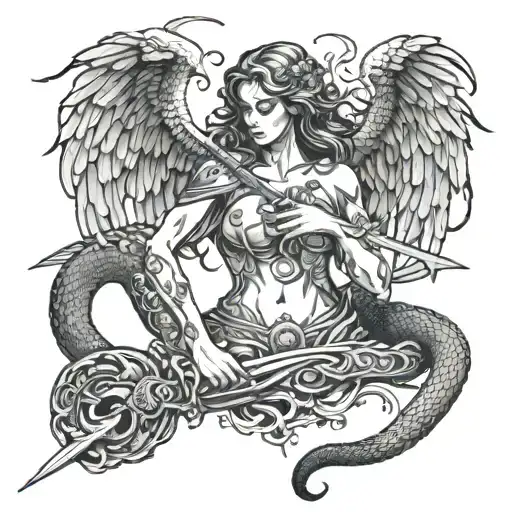 an angel with a sword stabbing into a snake that wraps around the sword and turns into thorns as it goes up  tattoo design idea