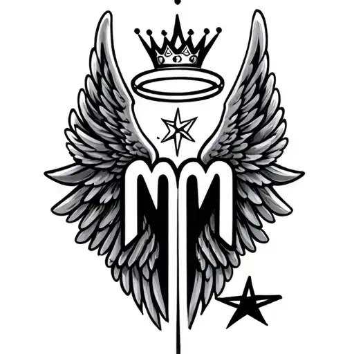 a pair of wings, halo crown, cursive letter m and shooting star girly design tattoo design idea