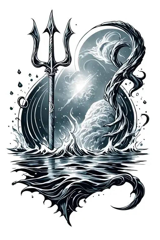 Poseidon's trident surrounded by water with a space like background with neptune in the background tattoo design idea