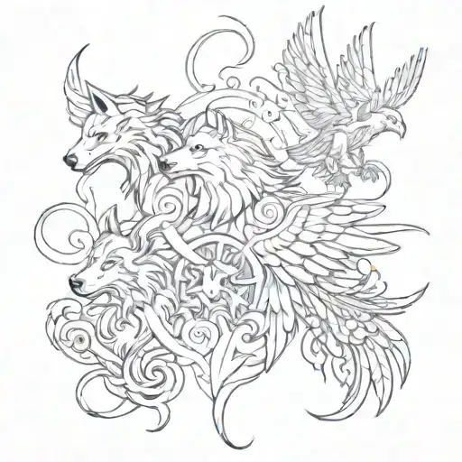 A tattoo design featuring all four of your favorite mythical creatures (wolf, phoenix, raven, and griffin) intertwined to represent your children, each creature symbolizing a different aspect of their personalities or traits tattoo design idea