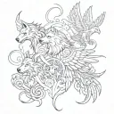 A tattoo design featuring all four of your favorite mythical creatures (wolf, phoenix, raven, and griffin) intertwined to represent your children, each creature symbolizing a different aspect of their personalities or traits tattoo design idea