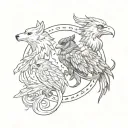 A tattoo design featuring all four of your favorite mythical creatures (wolf, phoenix, raven, and griffin) intertwined to represent your children, each creature symbolizing a different aspect of their personalities or traits tattoo design idea