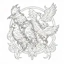 A tattoo design featuring all four of your favorite mythical creatures (wolf, phoenix, raven, and griffin) intertwined to represent your children, each creature symbolizing a different aspect of their personalities or traits tattoo design idea