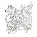 A tattoo design featuring all four of your favorite mythical creatures (wolf, phoenix, raven, and griffin) intertwined to represent your children, each creature symbolizing a different aspect of their personalities or traits tattoo design idea