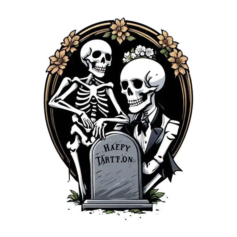 cartoon skeleton groom leaning on a headstone tattoo design idea