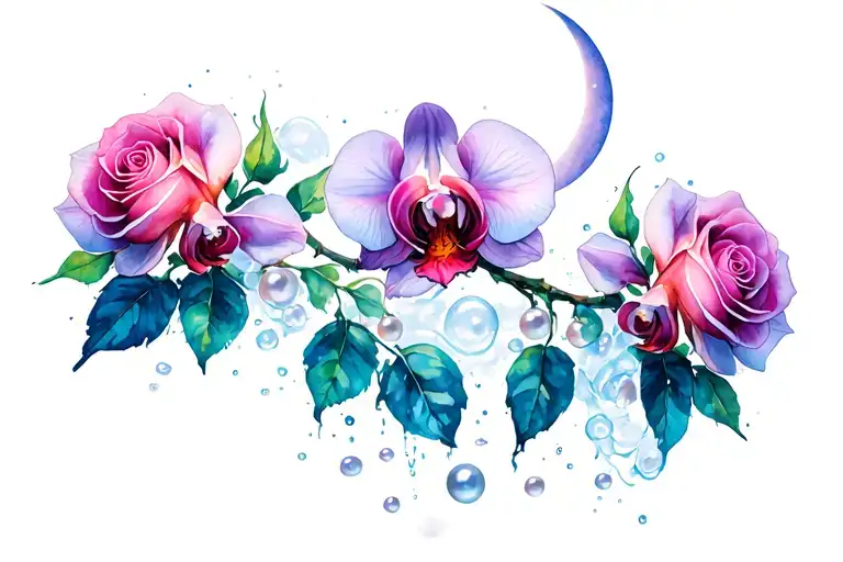 Roses orchid moon pearls water tattoo design idea