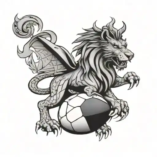 Welsh Dragon and a Lion merging together with welsh flag holding a rugby ball tattoo design idea