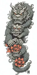 foo dog, lotus flower blooming, cherry blossoms, oni  tattoo design idea