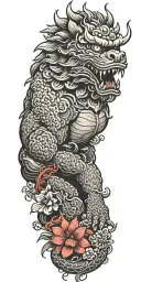 foo dog, lotus flower blooming, cherry blossoms, oni  tattoo design idea