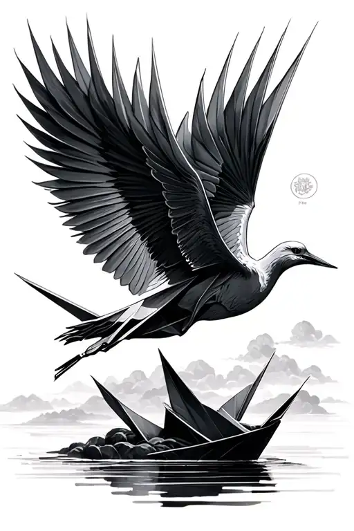 paper crane turns into real crane flying tattoo design idea