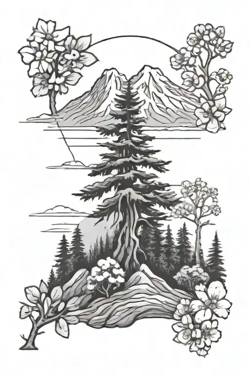 mt rainier on top with pine tree forrest on bottom with cherry blossom trees and cacti tattoo design idea