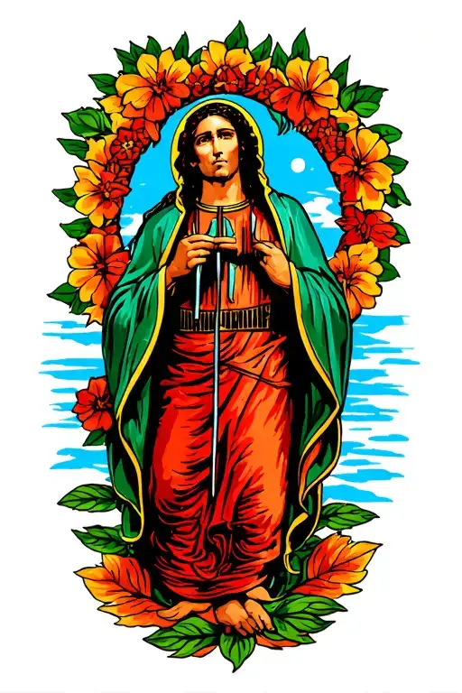 saint Christopher but Mexican style like Guadalupe tattoo design idea