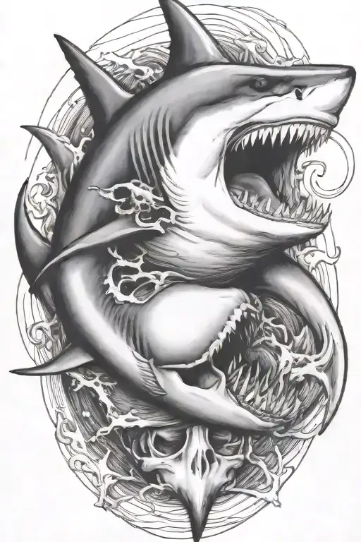 shark biting an skull with waves crashing tattoo design idea