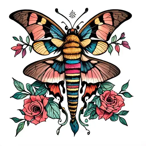 floral hand tattoo with small moth emerging tattoo design idea