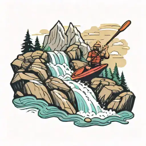 A kayaker paddling down a Waterfall in a mountain Landscape tattoo design idea
