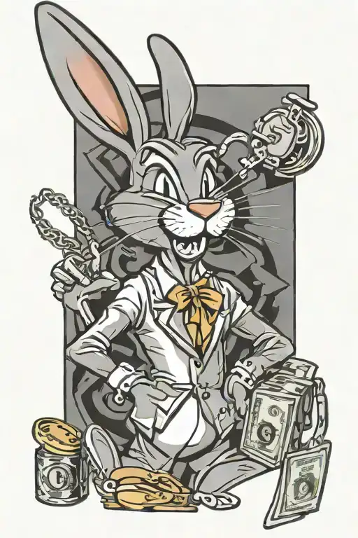 Bugs Bunny smoking carrot, wearing a gold chain, with a gold hoop earring, wearing a Rolex, and holding money tattoo design idea