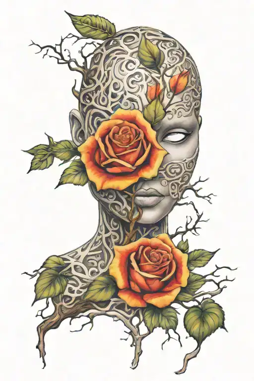 rose , mask , tree fire tattoo design idea