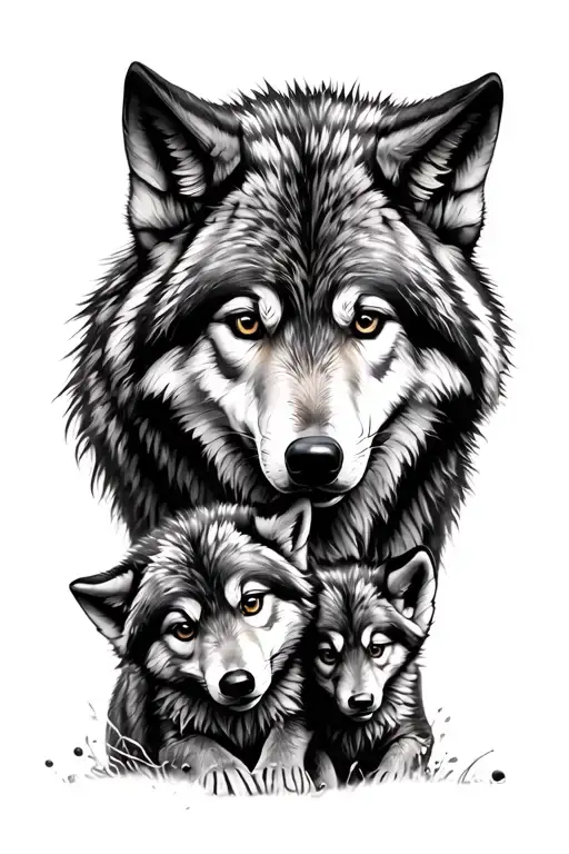 wolf and 2 cubs playing tattoo design idea