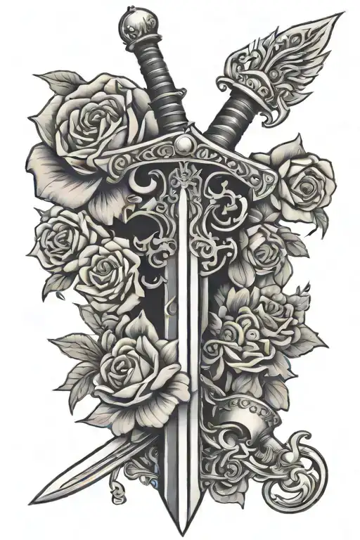 sword and crown with flowers tattoo design idea